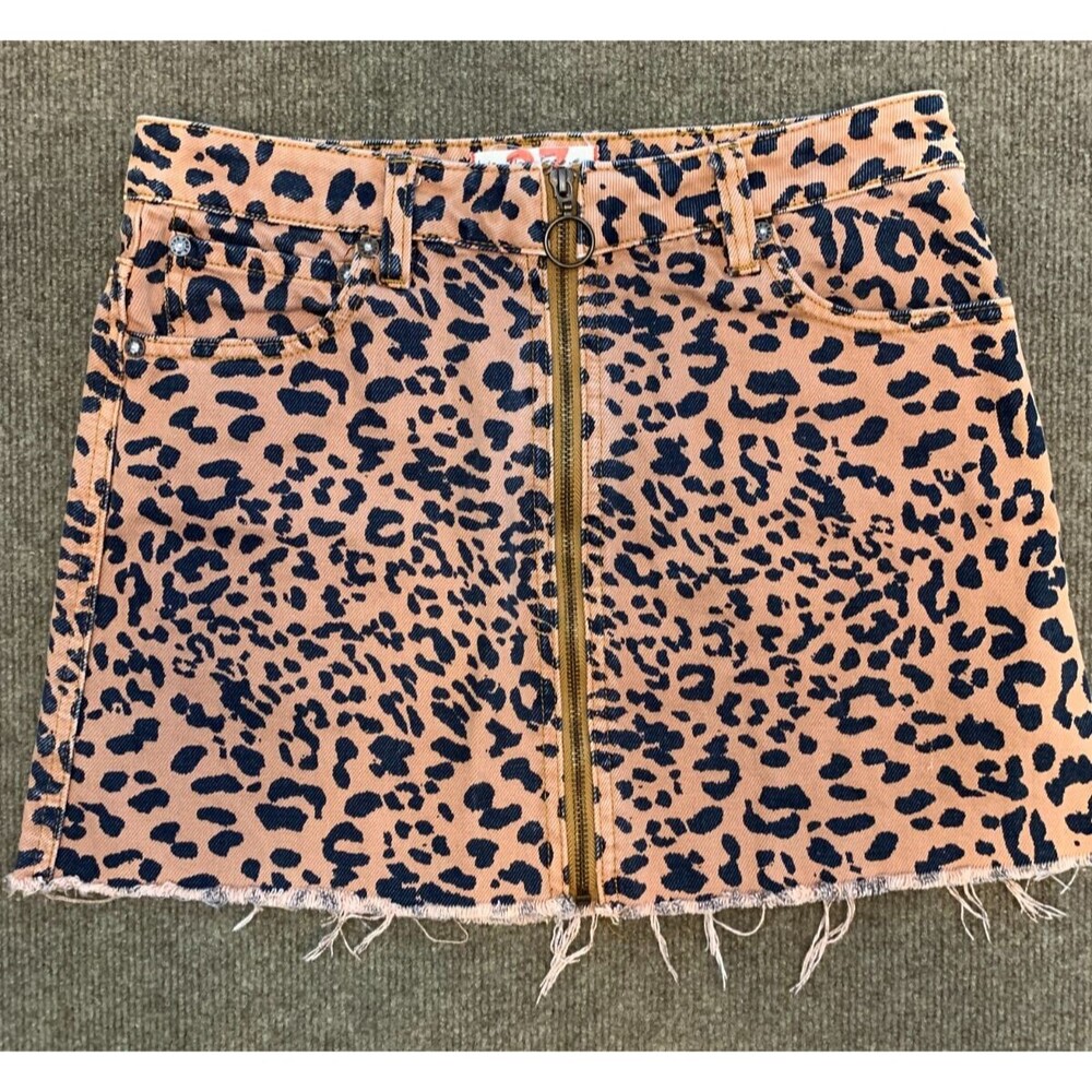 We The Free People Skirt Womens 27 Mini Leopard Print Raw Hem Zip Up Denim